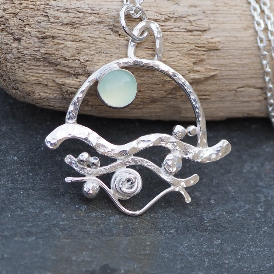 Abstract Seascape Pendant Necklace, Chalcedony Cabochon Setting, Handmade