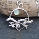 Abstract Seascape Pendant Necklace, Chalcedony Cabochon Setting, Handmade