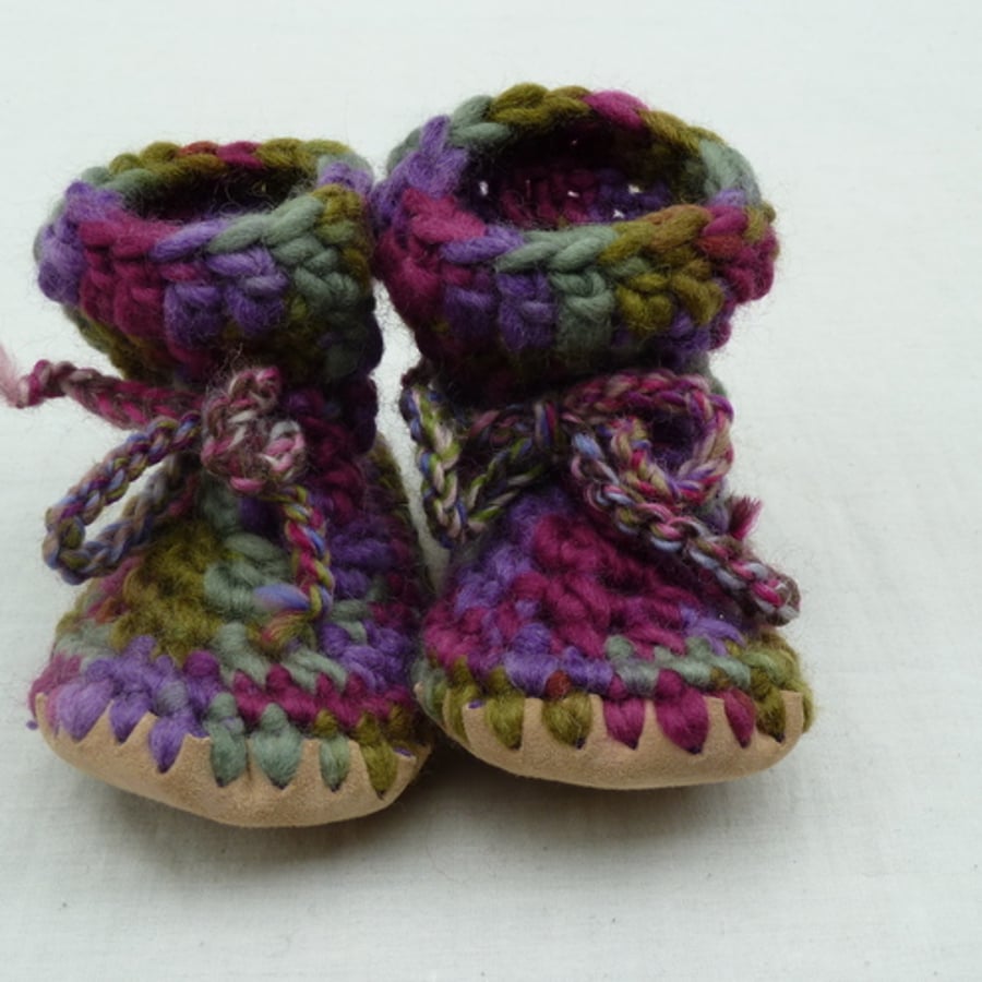 Wool & leather baby boots green/pink/purple 6-12 months