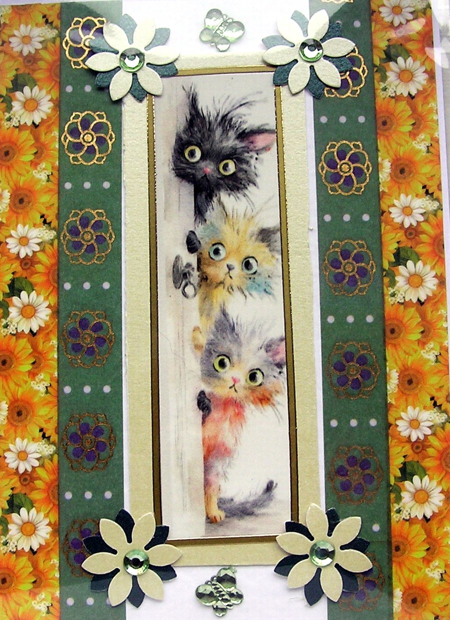 Playful Kittens - Hand Crafted Decoupage Greeting Card - Blank - 3099