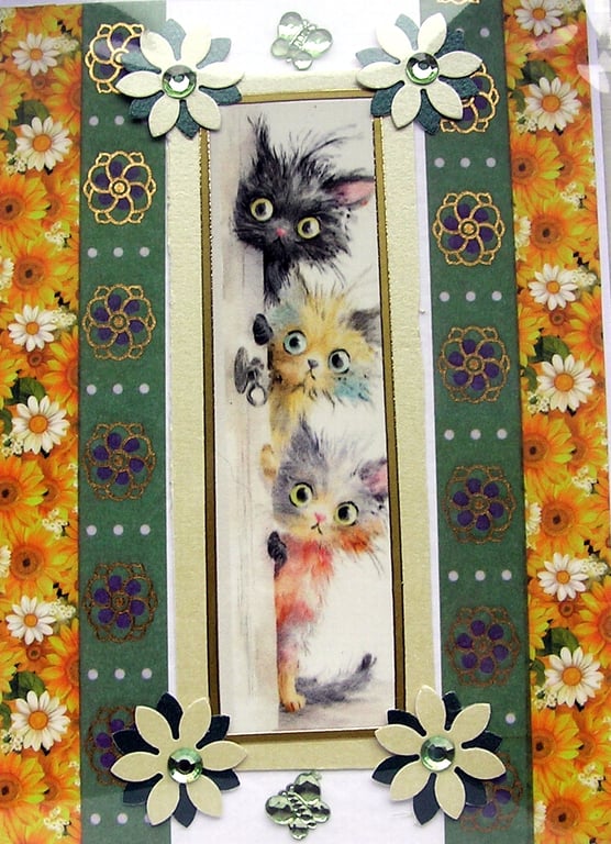 Playful Kittens - Hand Crafted Decoupage Greeting Card - Blank - 3099