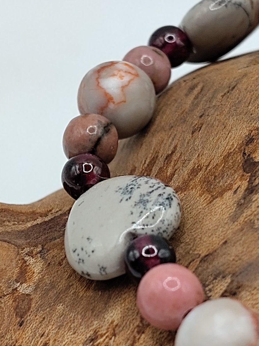 Calia 01.Leopard Skin Jasper Hearts, Rhodonite, Pink Veined Jasper Bracelet
