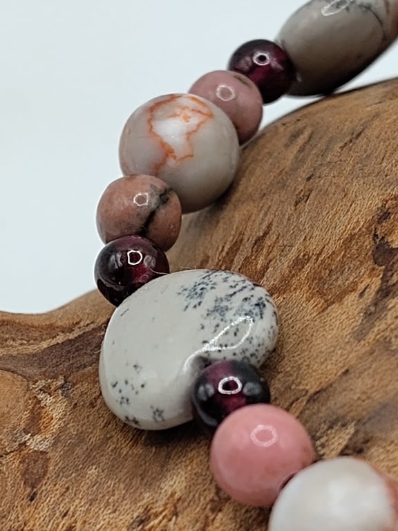 Calia 01.Leopard Skin Jasper Hearts, Rhodonite, Pink Veined Jasper Bracelet
