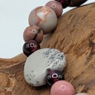 Calia 01.Leopard Skin Jasper Hearts, Rhodonite, Pink Veined Jasper Bracelet
