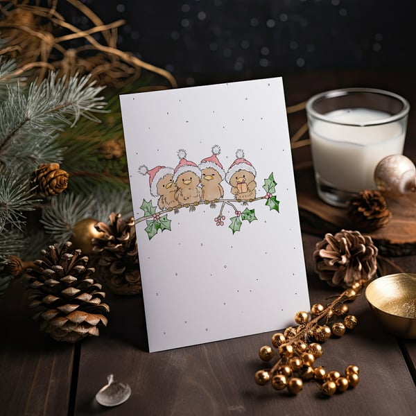 Festive Birds A4 Cartoon Christmas Print, Linen Card Christmas Print