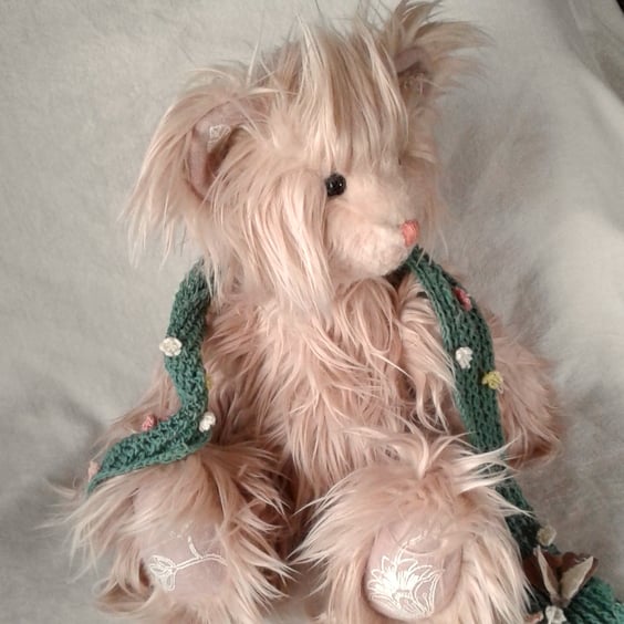 Collectable teddy bear 'Meadow' a lovely big fluffy hug with hand knitted scarf
