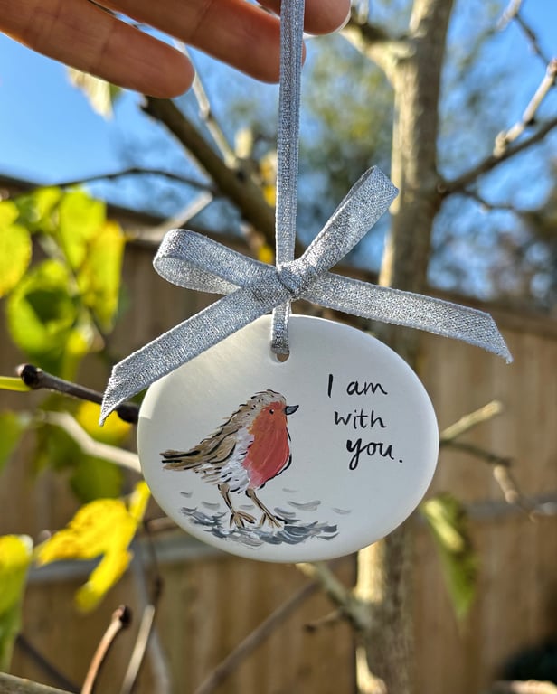 'I am with you' Robin Christmas decoration - hand painted by Lizzie Martell