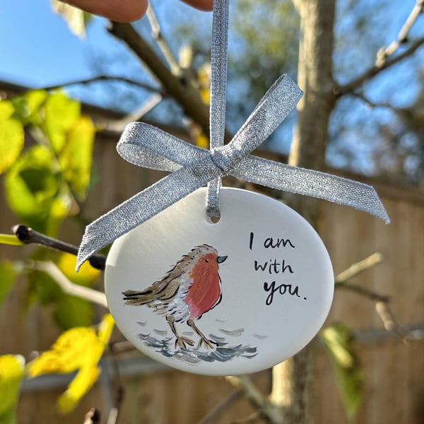 'I am with you' Robin Christmas decoration - hand painted by Lizzie Martell
