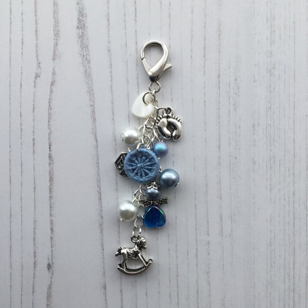 Nursery Bag Charm with Beaded Angel and Dorset Button in Blue