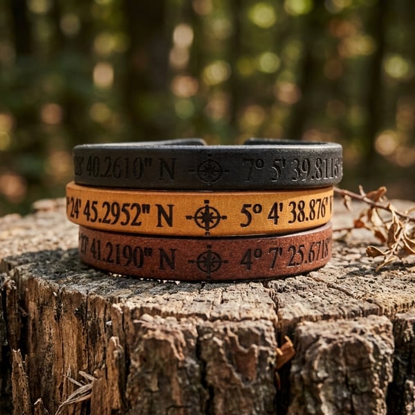 Personalised Leather Bracelet with Coordinates and Optional Secret Message 