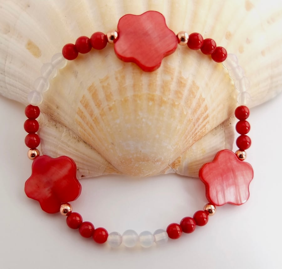Mother Of Pearl Flowers, Red Bamboo Coral and Opal Quartz Bracelet.