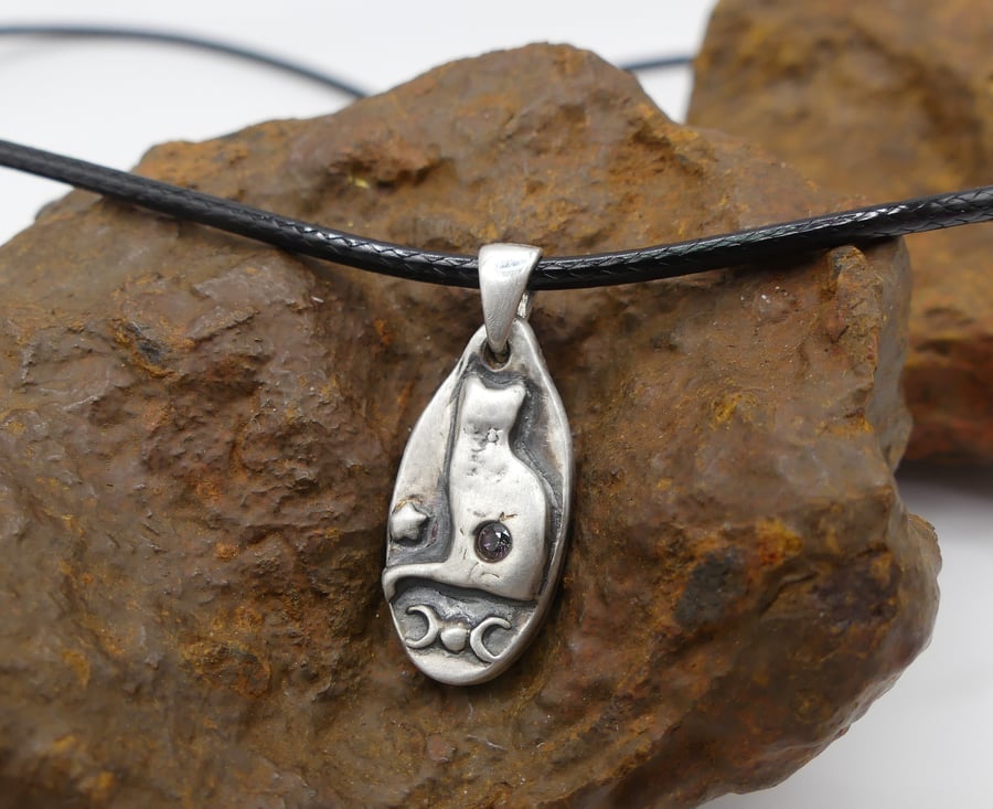 Sterling Silver Cat with Triple moon, Star and Mystic Topaz Pendant Necklace.