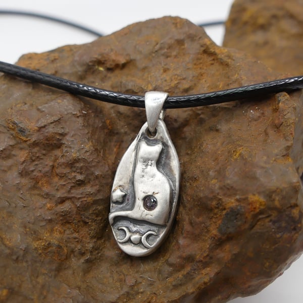 Sterling Silver Cat with Triple moon, Star and Mystic Topaz Pendant Necklace.