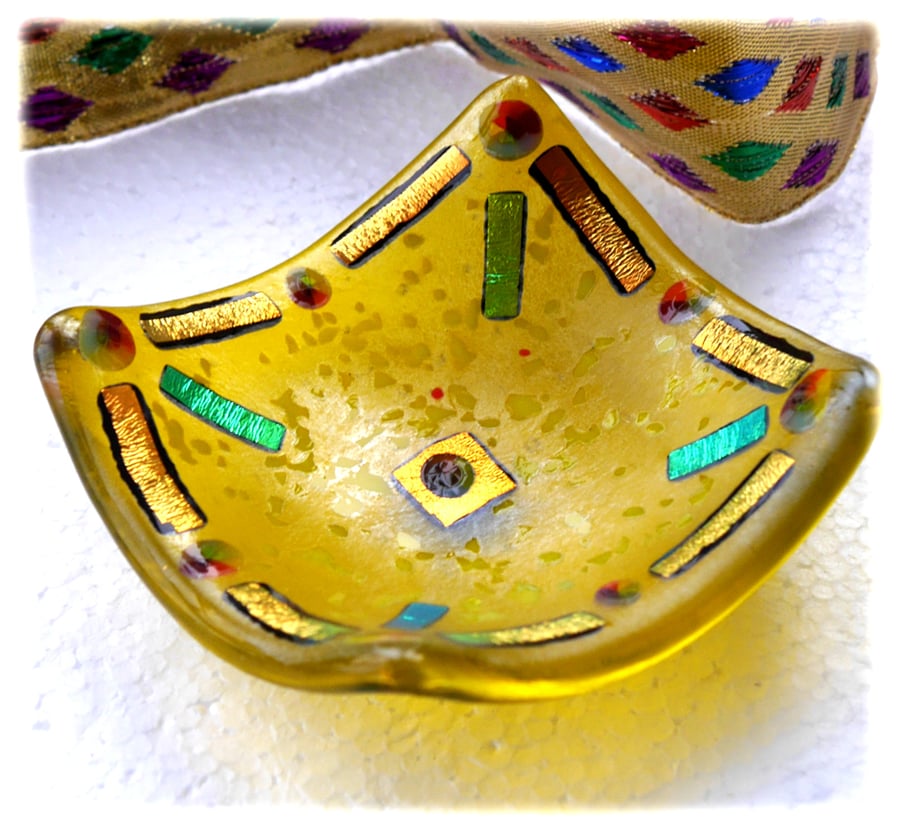 Yellow Gold Dichroic Fused Glass Trinket Dish 8... Folksy