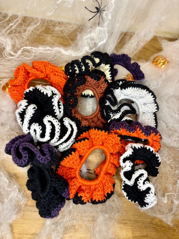 Handmade Halloween Crochet Scrunchies – Spooky Hair Accessories – Small & Large