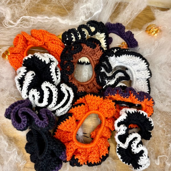 Handmade Halloween Crochet Scrunchies – Spooky Hair Accessories – Small & Large
