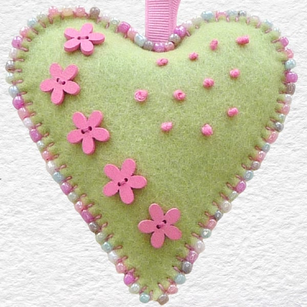 Beaded Felt Heart Ornament 4” (10cm) Green with Pink Wooden Flowers