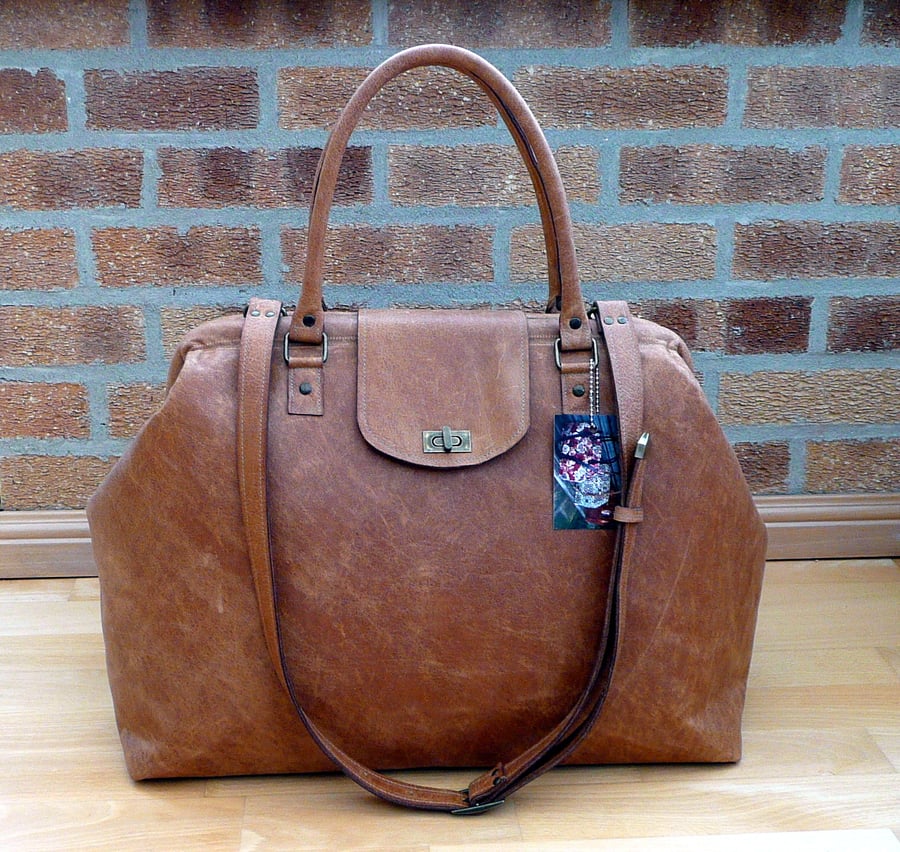 Leather weekend bag, Tan leather carpet bag, Vintage style Mary Poppins bag