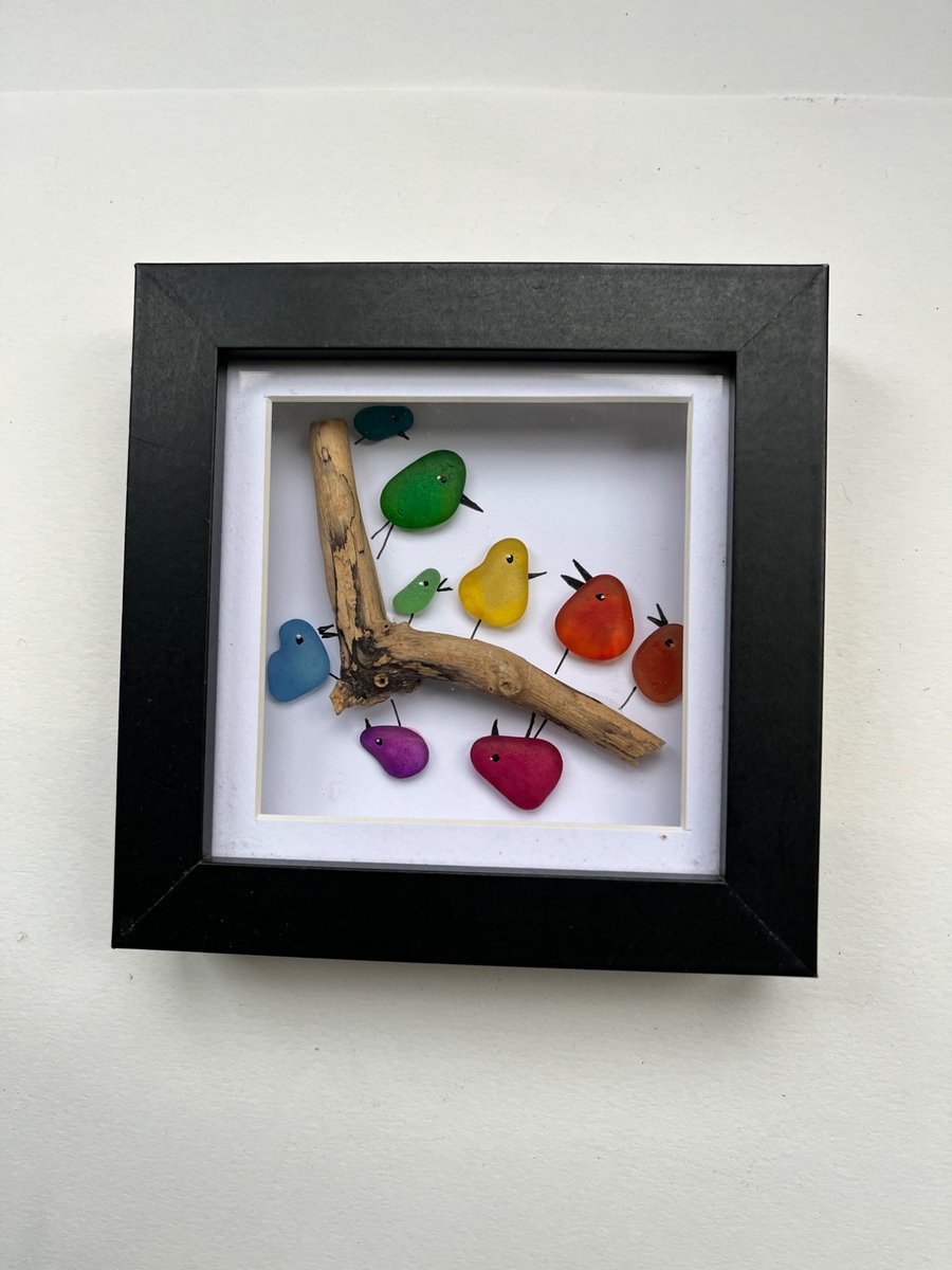 Seaglass family of birds on a branch  picture 