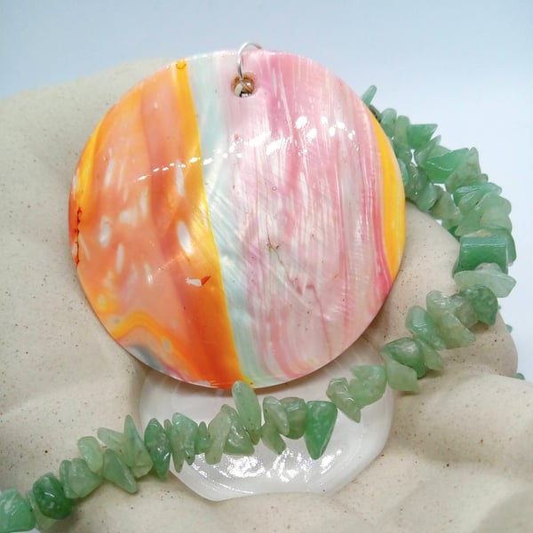 Pink  Brown Green & Yellow Mother of Pearl Pendant on a Green Jade Chip Necklace