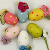 6 Tiny Wooden Eggs with Crochet Flowers 