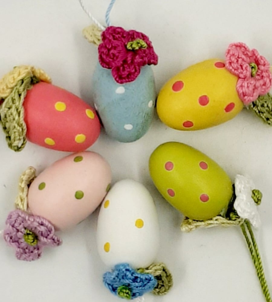 Reserved for Cristina 6 Tiny Wooden Eggs with Crochet Flowers 