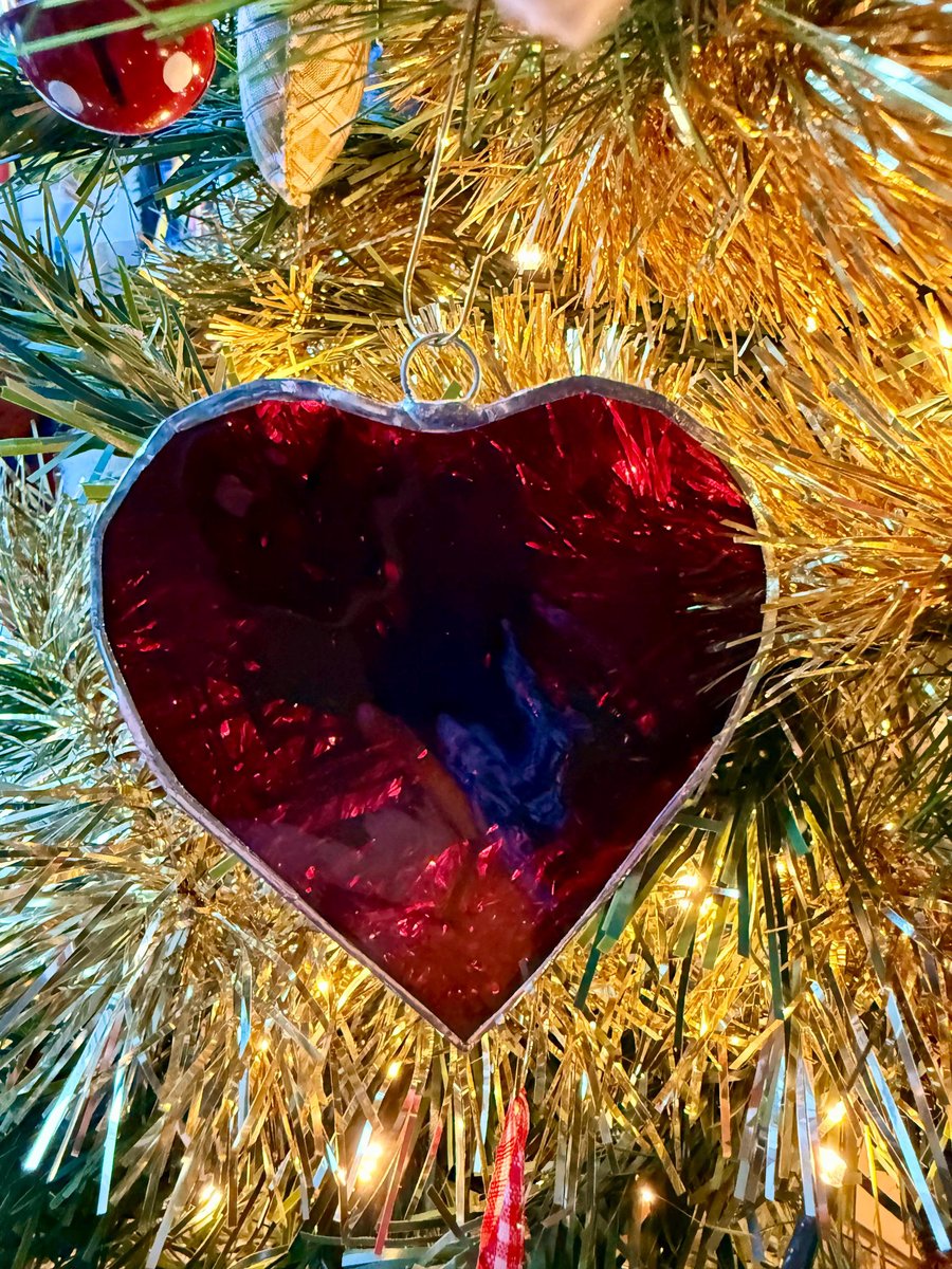 Stained glass pair of hearts in dark red transparent glass, medium sized