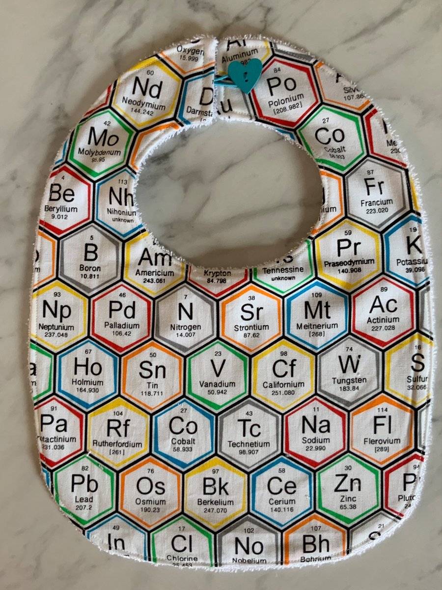 Periodic Table bib for toddler. Cotton with bamboo towelling backing.