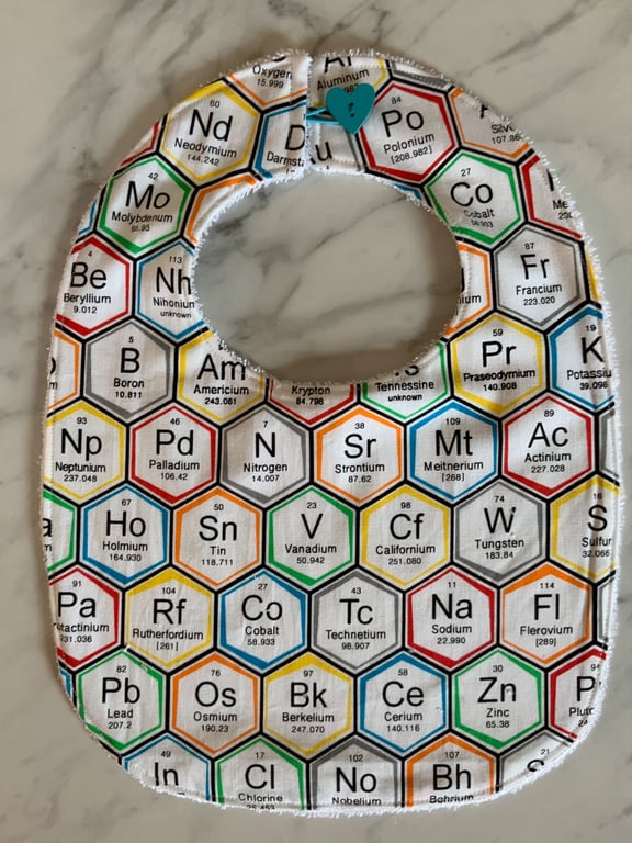 Periodic Table bib for toddler. Cotton with bamboo towelling backing.