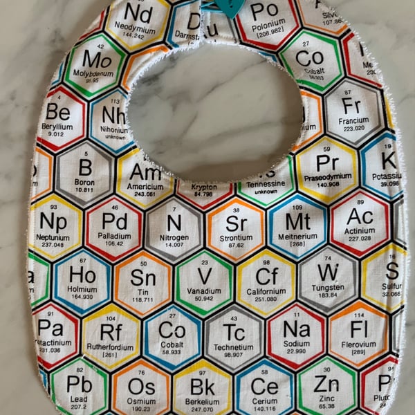 Periodic Table bib for toddler. Cotton with bamboo towelling backing.