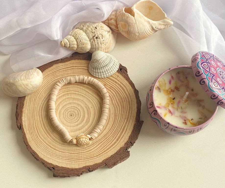 Handmade Clay Bead Bracelet Desert Turtle Charm, Stretch Fit