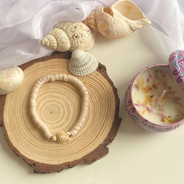 Handmade Clay Bead Bracelet Desert Turtle Charm, Stretch Fit