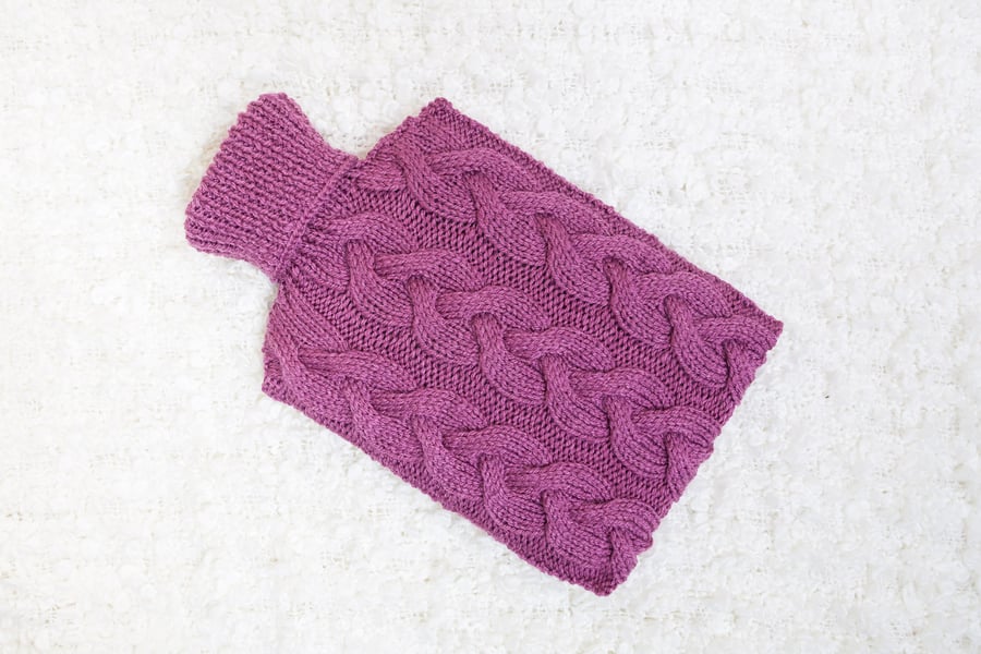 Hand knitted hot water bottle cover, cosy in berry. Rustic bedroom, home decor.