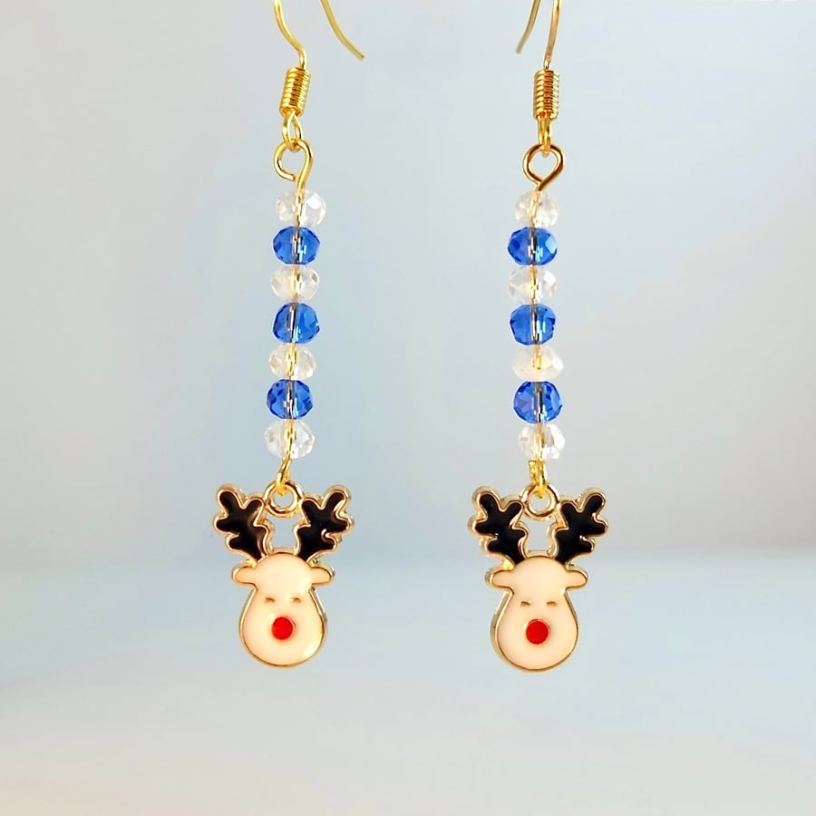 Christmas Earrings - Enamel Reindeer & Sparkly Glass Beads - Free UK P&P