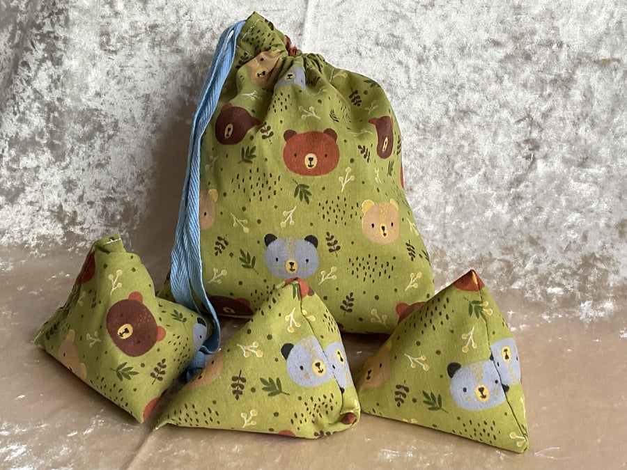 LITTLE BEARS 3  LITTLE BEAN BAGS RICE FILLED THROWING OR JUGGLING GAME & BAG