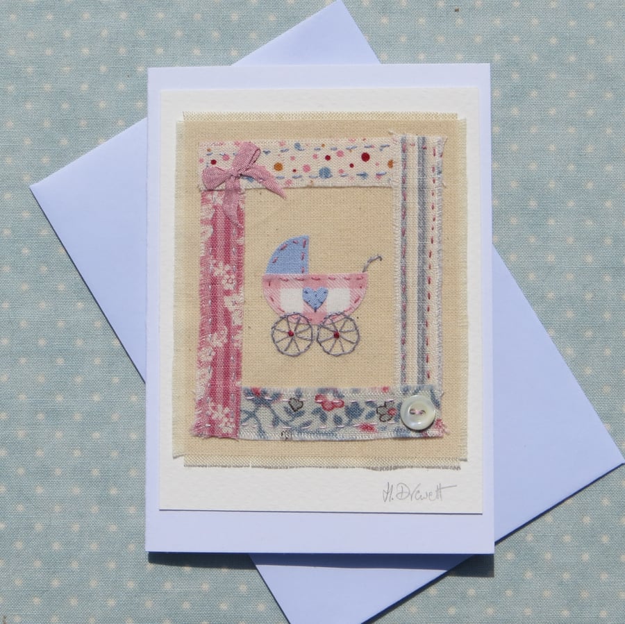 Little pram embroidery on card to welcome a precious new baby girl