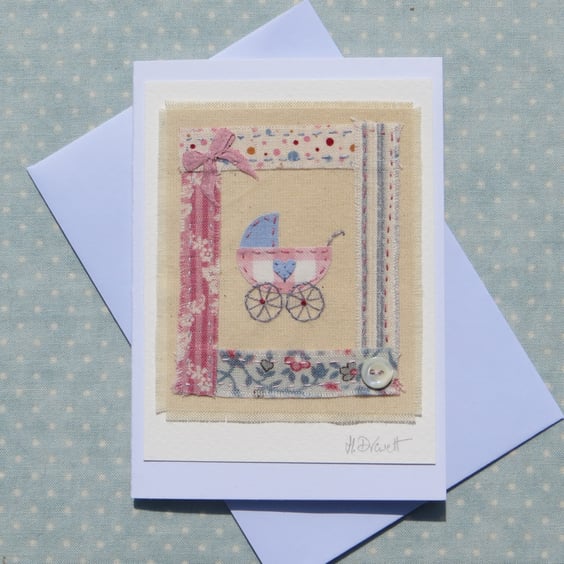 Little pram embroidery on card to welcome a precious new baby girl