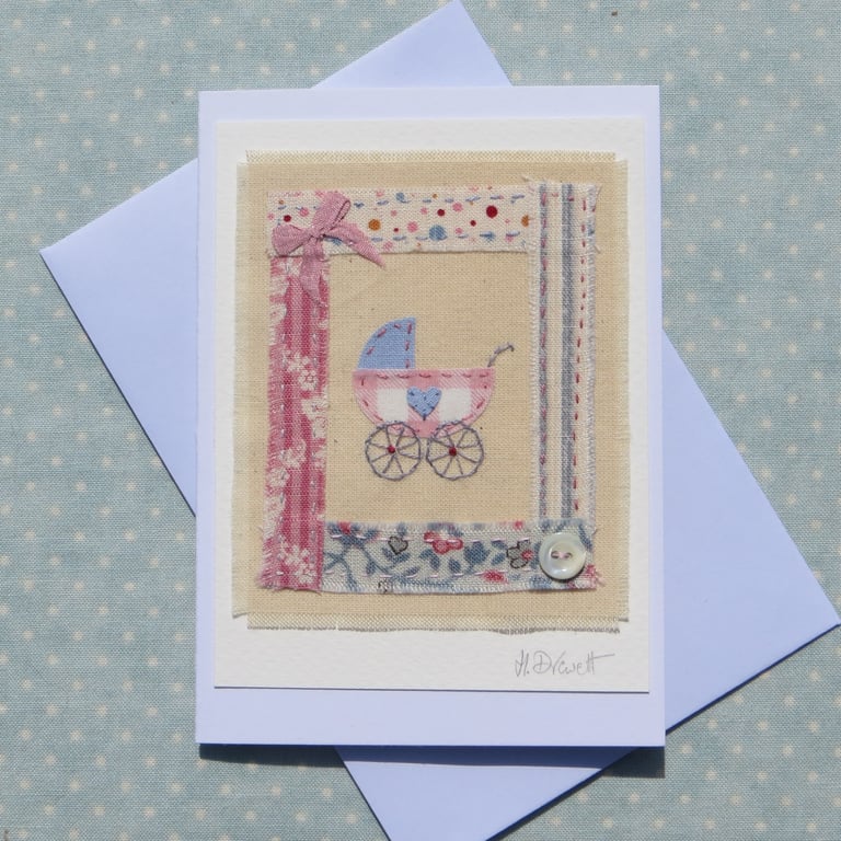 Little pram embroidery on card to welcome a precious new baby girl