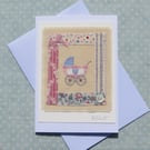 Little pram embroidery on card to welcome a precious new baby girl