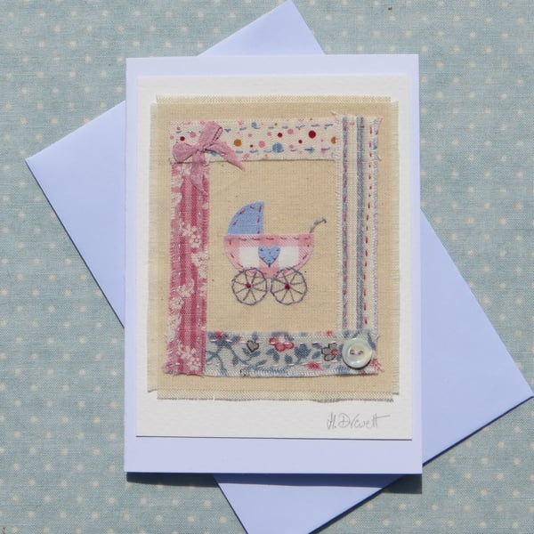Little pram embroidery on card to welcome a precious new baby girl