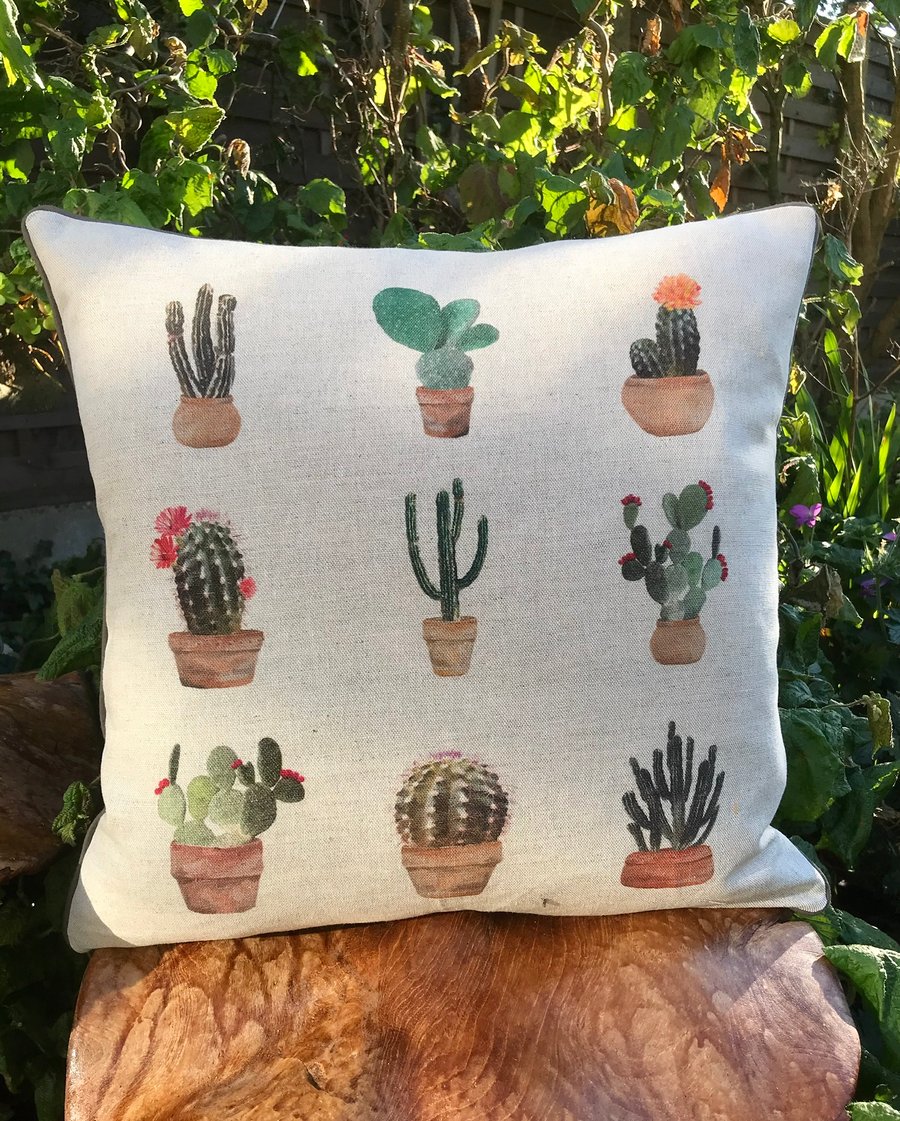 Cactus Cushion, Square piped linen flowering cactus pillow, cactus home decor.