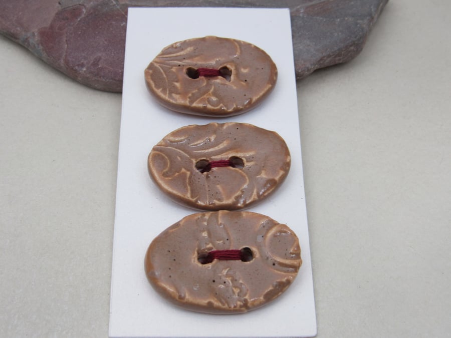 3 Medium Oval Sand Brown Brocade Pattern Ceramic Buttons