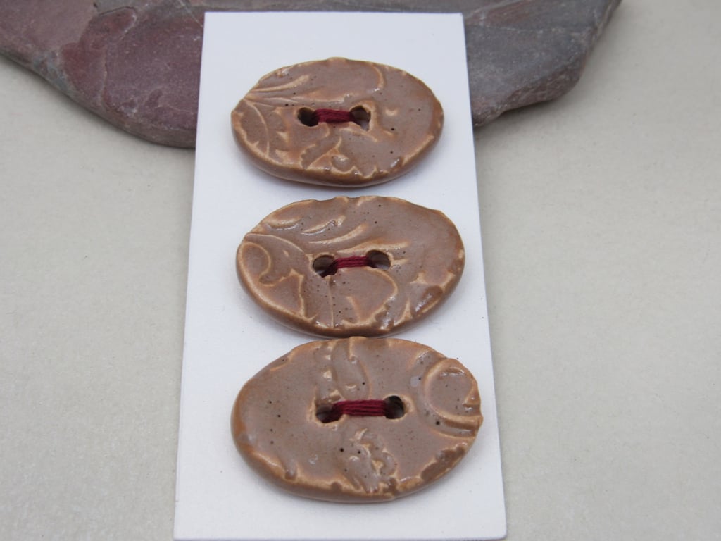 3 Medium Oval Sand Brown Brocade Pattern Ceramic Buttons