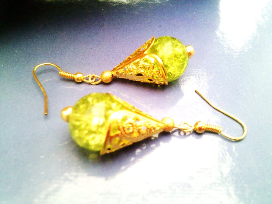 Green Crackled Glass Earrings, Lime Green & Gold Earrings