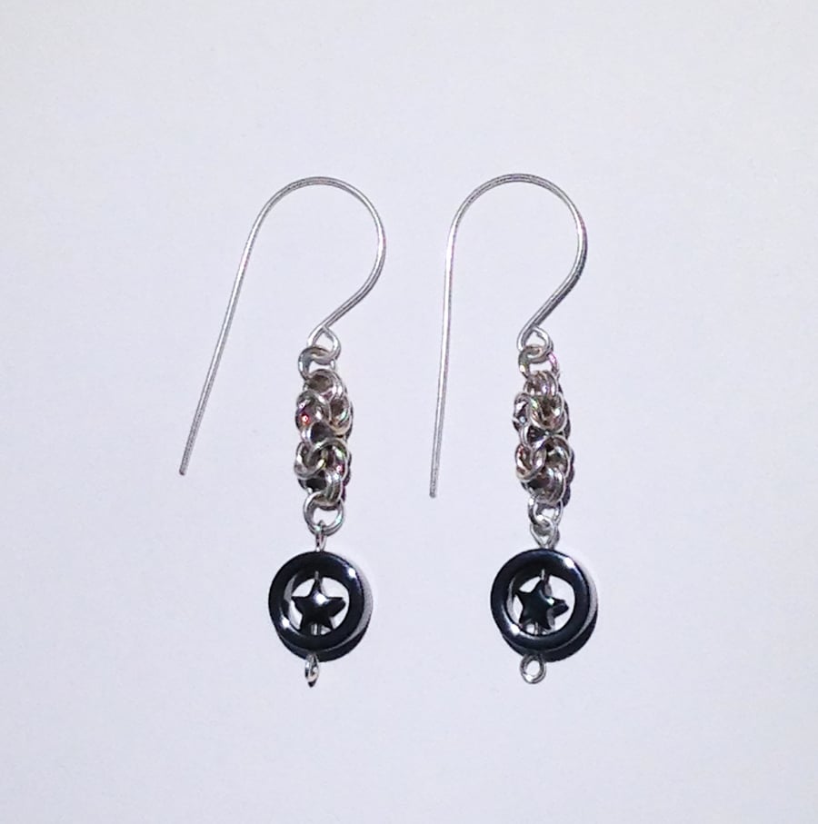 Sterling Silver and Hematite Star Earrings (ERGSDGGY1) - UK Free Post