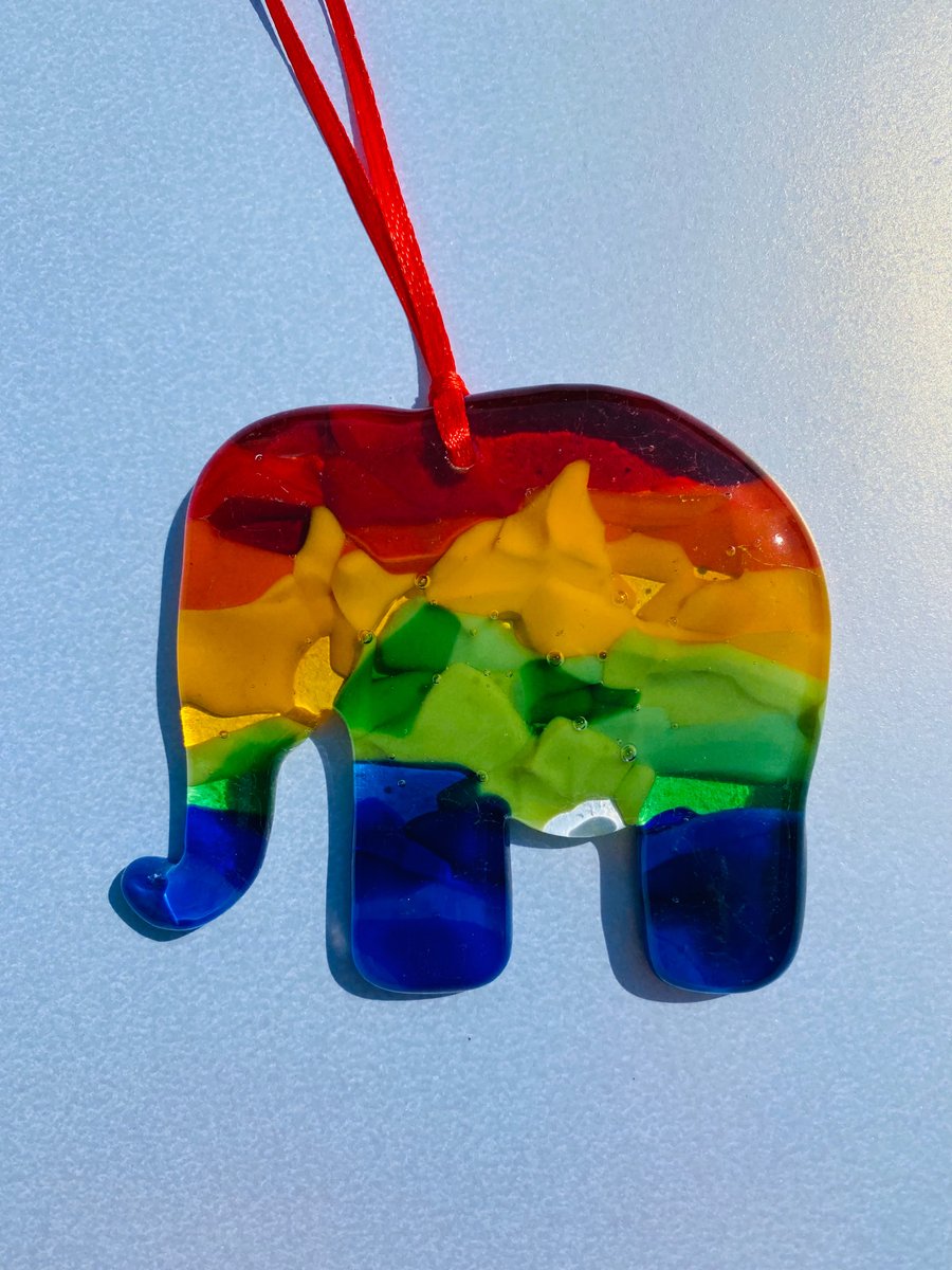 Fused glass elephant, rainbow of hope 