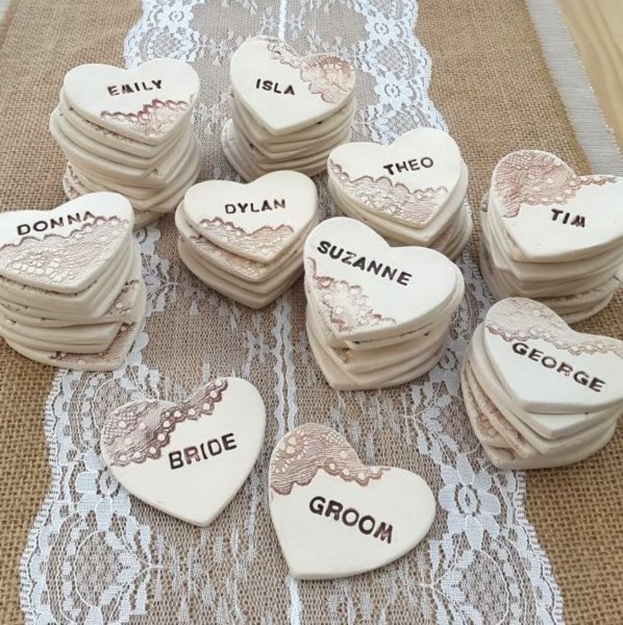 Personalised Rustic Lace Heart Ceramic Wedding Favours