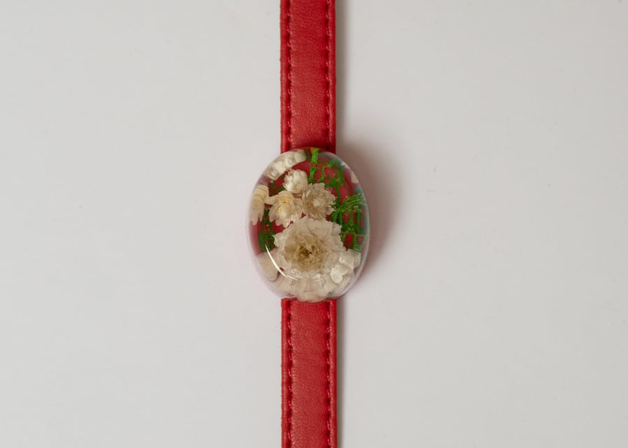 Red leather bracelet with pressed flowers - Romantic gift for girlfriend