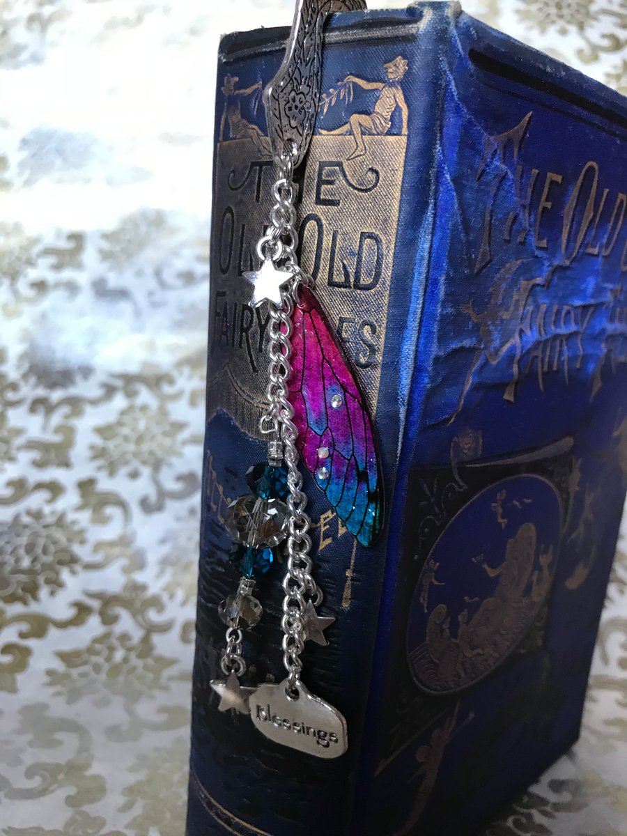 Pink, Purple Blue Fairy Wing Blessings Beaded Ornate Bookmark and Velvet Pouch