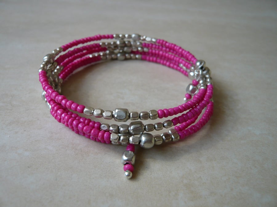 Pink and Silver Memory Wire Bracelet